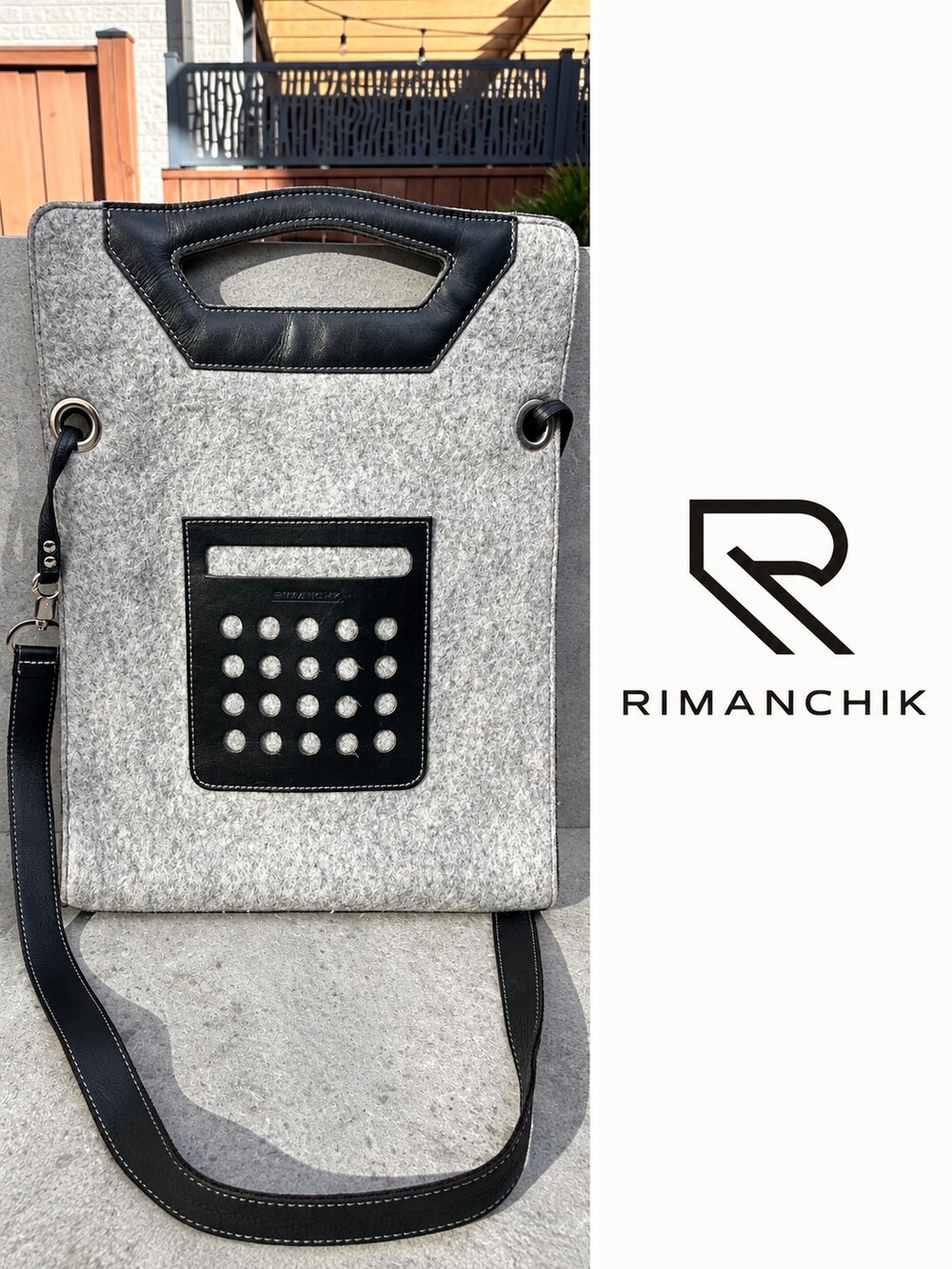 RIMANCHIK Grey Felt & Black Leather Geometric Shoulder Tote Bag Made in Canada